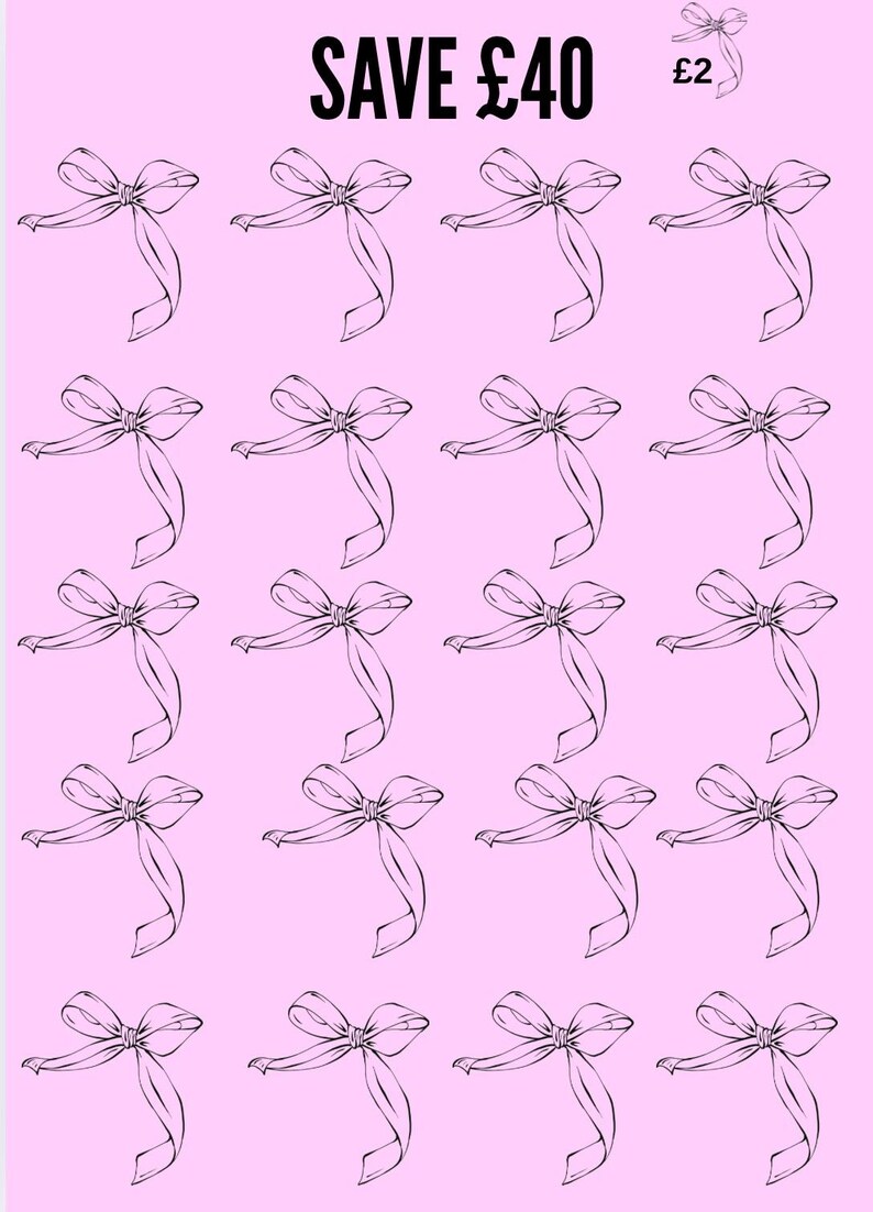 K&ouml;nnte beinhalten: Rosa Hintergrund mit einem Muster aus schwarzen, mit Linien gezeichneten Schleifen. Der Text "SAVE &pound;40" steht oben, zusammen mit einem kleineren Text "&pound;2". Die Schleifen sind gleichm&auml;&szlig;ig &uuml;ber das Bild verteilt.