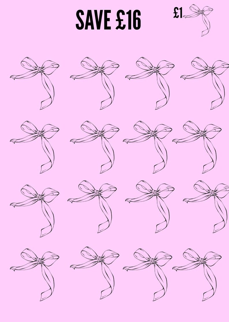 K&ouml;nnte beinhalten: Rosa Hintergrund mit einem Muster aus schwarzen, mit Linien gezeichneten Schleifen. Der Text "SAVE &pound;16" befindet sich oben links und "&pound;1" oben rechts. Die Schleifen sind gleichm&auml;&szlig;ig &uuml;ber das Bild verteilt.