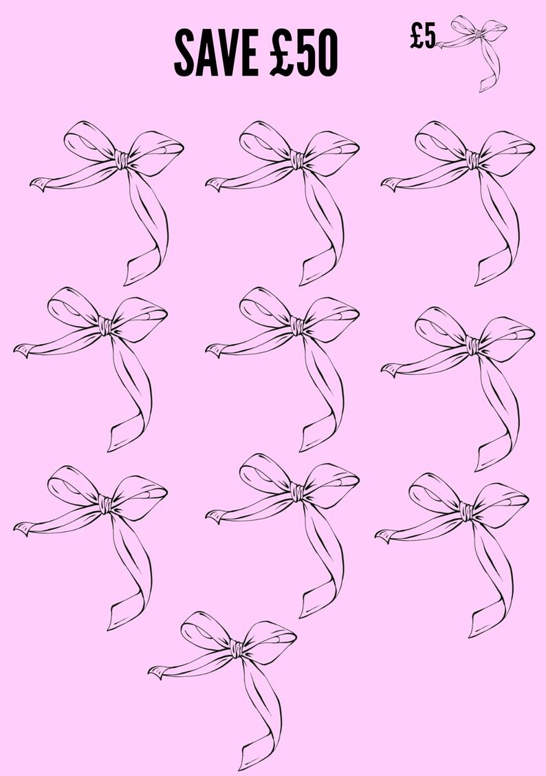 K&ouml;nnte beinhalten: Rosa Hintergrund mit schwarzen Strichzeichnungen von Schleifen. Oben steht "SAVE &pound;50", zusammen mit einer kleineren Schleife und der Zahl "&pound;5". Die Schleifen sind gleichm&auml;&szlig;ig &uuml;ber das Bild verteilt.