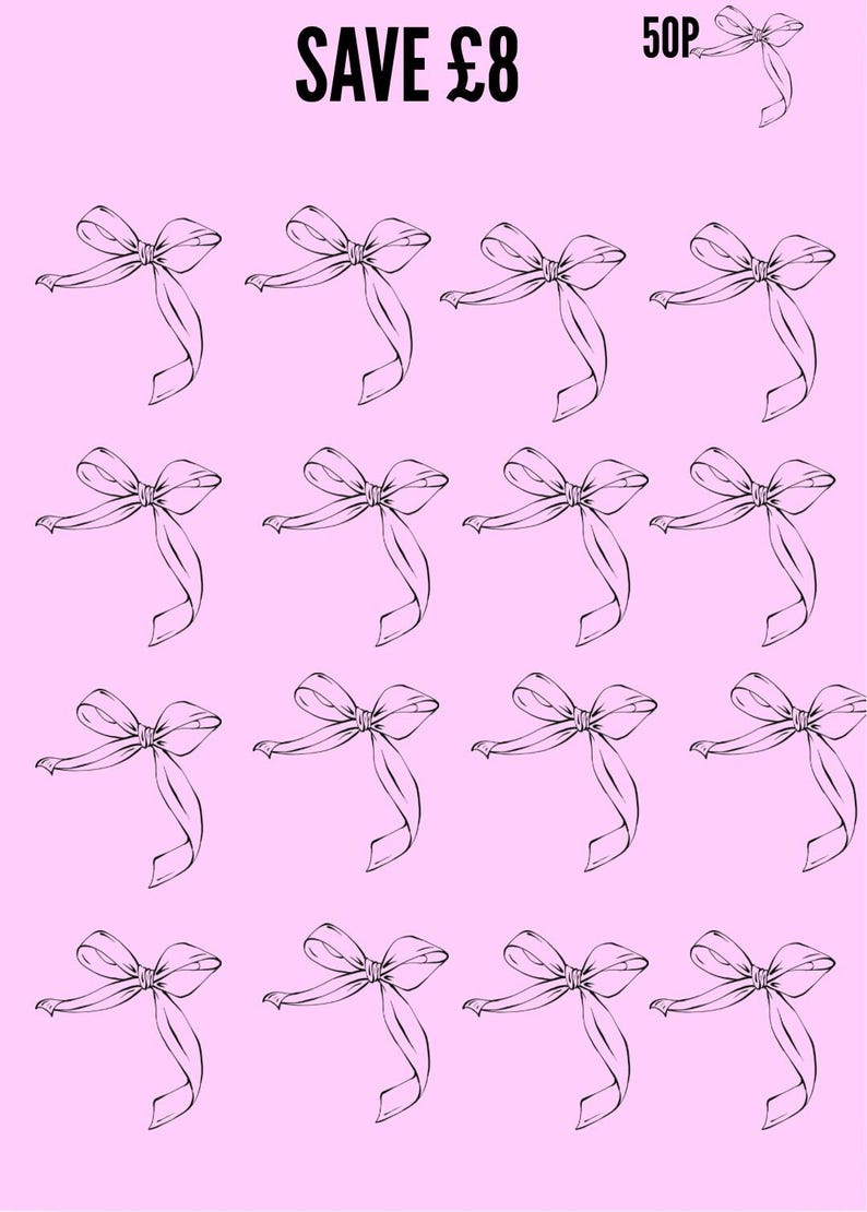 K&ouml;nnte beinhalten: Rosa Hintergrund mit einem Muster aus schwarzen, mit Linien gezeichneten Schleifen. Der Text &bdquo;SAVE &pound;8&ldquo; befindet sich oben links und &bdquo;50P&ldquo; oben rechts. Die Schleifen sind gleichm&auml;&szlig;ig auf dem rosa Hintergrund verteilt.