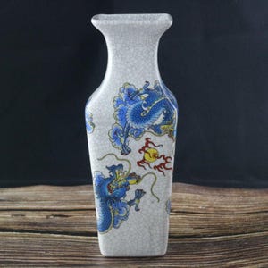 Crackle Glaze Blue Dragon Square Vase, Rectangular Ceramic Ornament