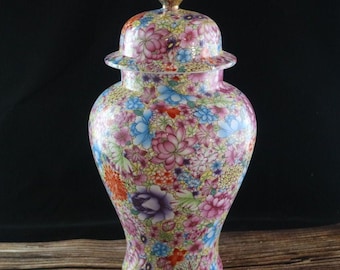 Colorful Mille Fleur Chinese Ginger Jar, Famille Rose Hundred Flowers Porcelain Lidded General Jar