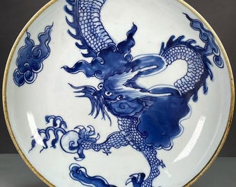 Blue and White Dragon Plate, Hand Painted Porcelain Fruit Dish
