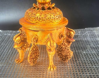 Gilt Brass Lotus Incense Burner, 5-Legged Censer with Hanging Pendants, Chinese Decor