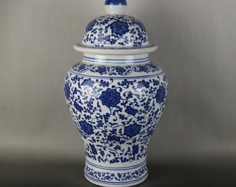 Blue and White Peony Ginger Jar, Chinoiserie Medium Porcelain Lidded General Jar