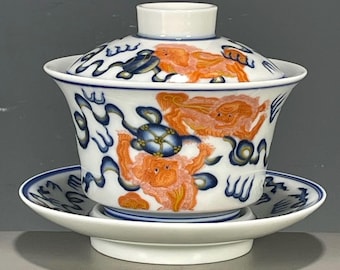大型蓋碗 青白鉄紅獅子磁器鉢、工夫茶碗