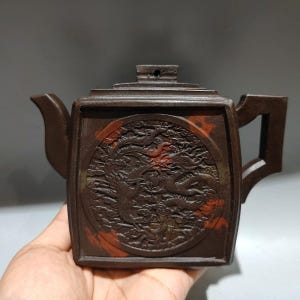 Dragon Phoenix Zisha Teapot, Yixing Square Gongfu Tea Pot, Relief Carved Chinese Teaware