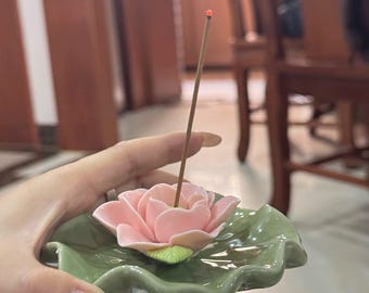 Handmade Ceramic Lotus Incense Holder, Pink Flower, Green Leaf Dish, Serene Home Decor