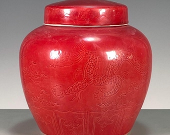 Crimson Red Incised Dragon Porcelain Ginger Jar With Lid