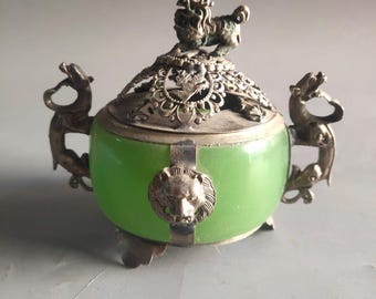 Silver Wrapped Green Jade Incense Burner, Foo Lion Finial Twin Dragon Handle Censer