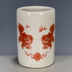 Crackle Glaze Foo Dog Brush Pot, Chinoiserie Lion Ceramic Pen Holder, Chinese Desk Decor