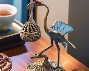 Blue Crane Incense Stick Holder, Retro Hanging Metal Cage, Zen Meditation Decor