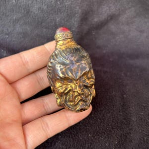 Vintage Gilt Copper Buddha Head Snuff Bottle, Buddhist Art Collectible