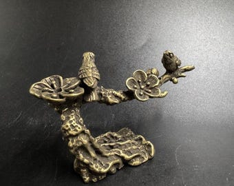 Brass Bird & Plum Blossom Incense Holder, Mini Branch Design, Vintage Aromatherapy Decor