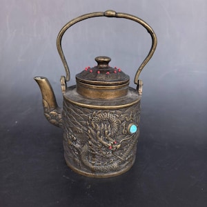 Messing Drachen Relief Heirloom Teekanne, Türkis eingelegte Teekanne, tragbare Bail Handle Chinoiserie