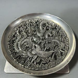Vintage verzilverd sieradenblad Dragon Phoenix Relief, chinoiserie Cloud Ring Earring-opbergschaaltje