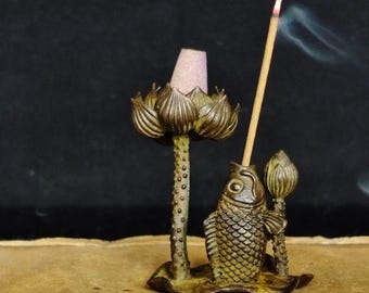 Fish Incense Holder, Brass Carp Lotus Incense Burner