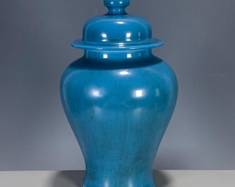 Lidded Blue Ginger Jar, Solid Monochrome Porcelain Jar, Minimalist Chinoiserie Decor