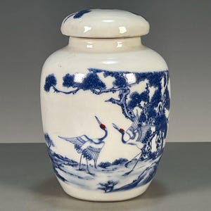 Blue White Pine Crane Lidded Ginger Jar, Vintage Chinese Porcelain Tea Storage Canister