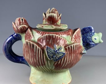 Hand Sculpted Lotus Fish Ceramic Teapot, Raised Relief Butterfly Chinese Chinoiserie Pot