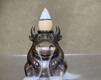 Bronze Cow Backflow Incense Burner For Cones, Aged Patina Waterfall Effect