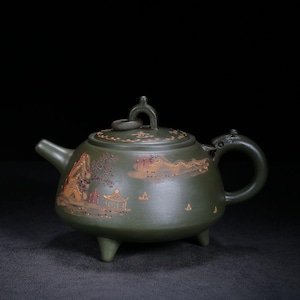 Green Yixing Zisha Teapot, Hand Piled Landscape Tripod, Dragon Handle Lid