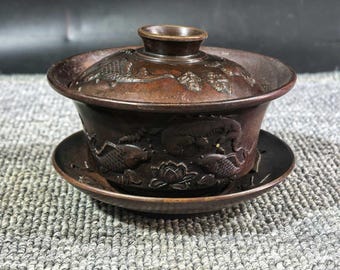 Antique Bronze Koi Lotus Gaiwan Tea Set, Chinese Tea Ceremony Vessel