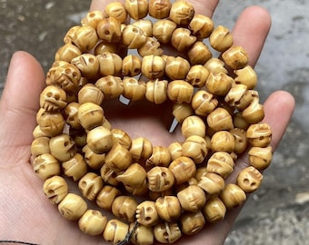 Carved Yak Bone Skull 108 Mala Beads, Tibetan Tantric Kapala Meditation Protection Spiritual Necklace