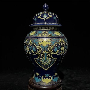 Sapphire Blue Enamel Ginger Jar, Gilded Floral Scroll Porcelain Vase with Lid