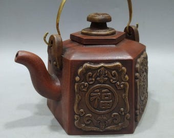 Vintage Hexagonal Red Clay Zisha Teapot, Fu Lu Shou Xi, Copper Handle Chinese Tea Pot