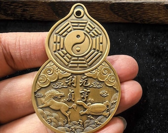 Vintage Brass Wu Lou Gourd Feng Shui Talisman Keychain, Yin Yang Bagua Hanging Charm