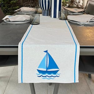 Embroidered Sailboat Nautical Runner – Coastal Table Decor