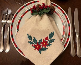 Poinsettia Embroidered Napkins (Set of 2): Holiday Linen-Look Cotton Blend, Christmas Table Decor