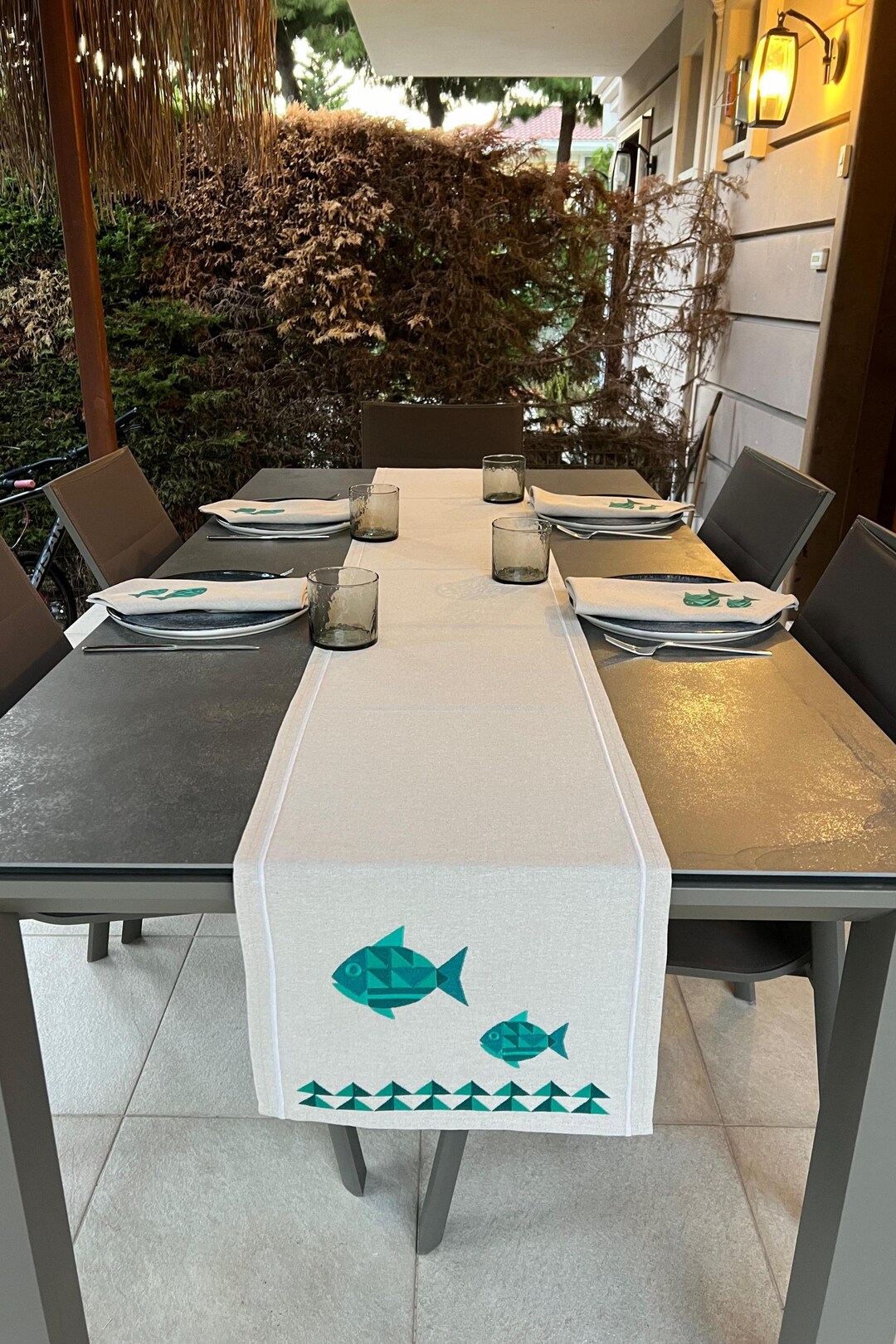 Fish Table Runner Coastal Embroidered Linen Look Modern Nautical Decor ...