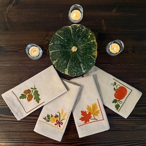 Autumn Embroidered Napkins: Linen-Look Cotton Blend, Table Decor