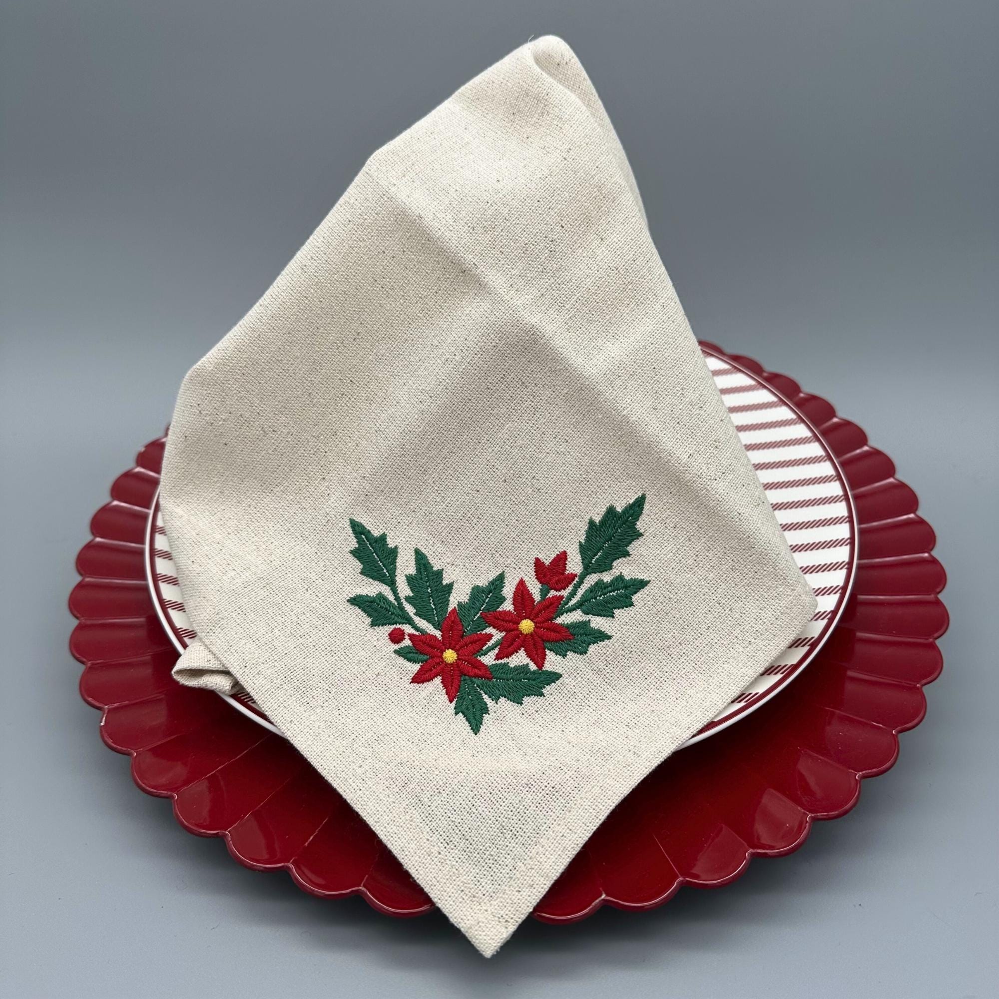刺繍入りポインセチアのクリスマスナプキン2枚セット、リネン風