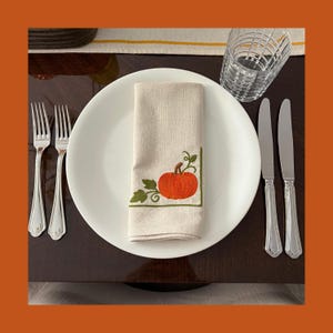 Fall Embroidered Napkins (Set of 2) | Pumpkin Patch Design | Linen-Look Cotton Blend