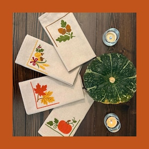 Embroidered Autumn Napkins (Set of 4): Linen-Look Cotton Blend Thanksgiving Decor