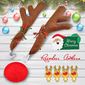 May include: Brown reindeer antlers with red and green ribbon and small bells. A red plush ball and a sign that says "Merry Christmas" are also in the image. The words "Reindeer Antlers" are written in red script.