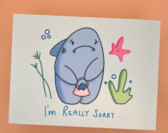 Handmade cute shark card | Sorry card | A6 postcard | Kawaii animal card | Funny card | Card for friends, family, loved ones