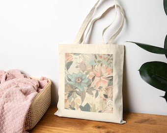 Spring Blossom Field Tote Bag | Botanical Flowers, Soft Pastel Canvas Grocery Bag, Beach Bag, Christmas Gift Idea, Daily Essential Tote Bag