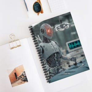 May include: Spiral-bound notebook featuring a futuristic robot illustration. The robot has a glowing red eye and is surrounded by surgical tools. The notebook is open, revealing a printed image and a gold-colored paper clip.