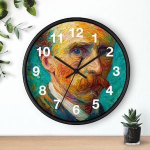 May include: A round wall clock with a black frame. The clock face features a colorful portrait of a man with a mustache, painted in an impressionistic style. The clock hands are black, and the numbers are white.