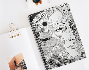 Moon Face Fusion Spiral Notebook | Doodle Art Ruled Notebook, Artistic Sketchbook, Christmas Gift Idea, School Supplies, Creative Writing