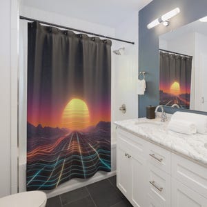 Synthwave Wireframe Plains Shower Curtain, Bathroom Decor, Bathroom Essential, Gift for Couples, Home Accessories, Christmas Gift Idea