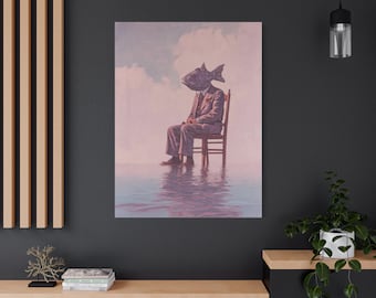 Fish on Chair Art Print, Unique Canvas Decor, Home Office Artwork, Quirky Gift for Nature Lovers, Contemporary Art Piece, Christmas Gift