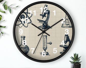 Graph Paper Science Wall Clock | Vintage Sketch Microscope, Test Tubes, Atom, Living Room Art Piece, Kitchen Wall Clock, Must Have, Gift