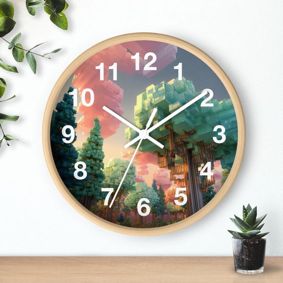 Voxel Forest Realm Wall Clock | Woodland Timepiece, Kitchen Wall