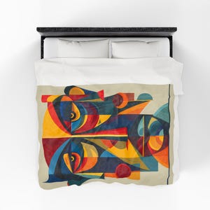 May include: A colorful abstract art duvet cover featuring geometric shapes in shades of red, yellow, blue, and orange. The design is displayed on a beige background, creating a striking contrast. The duvet cover is placed on a black bed frame with white pillows.