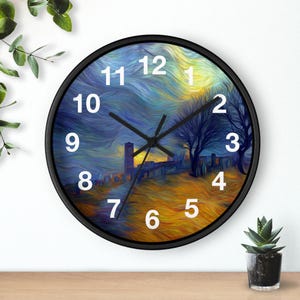 May include: Circular wall clock with a black surround. The clock face displays a vibrant landscape painting of a city, trees, and a swirling sky in blue, yellow, and orange. White numerals mark the hours.